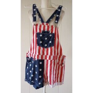 American Flag Overalls Shorts Patriotic Stars Stripes Denim Romper XL July 4th